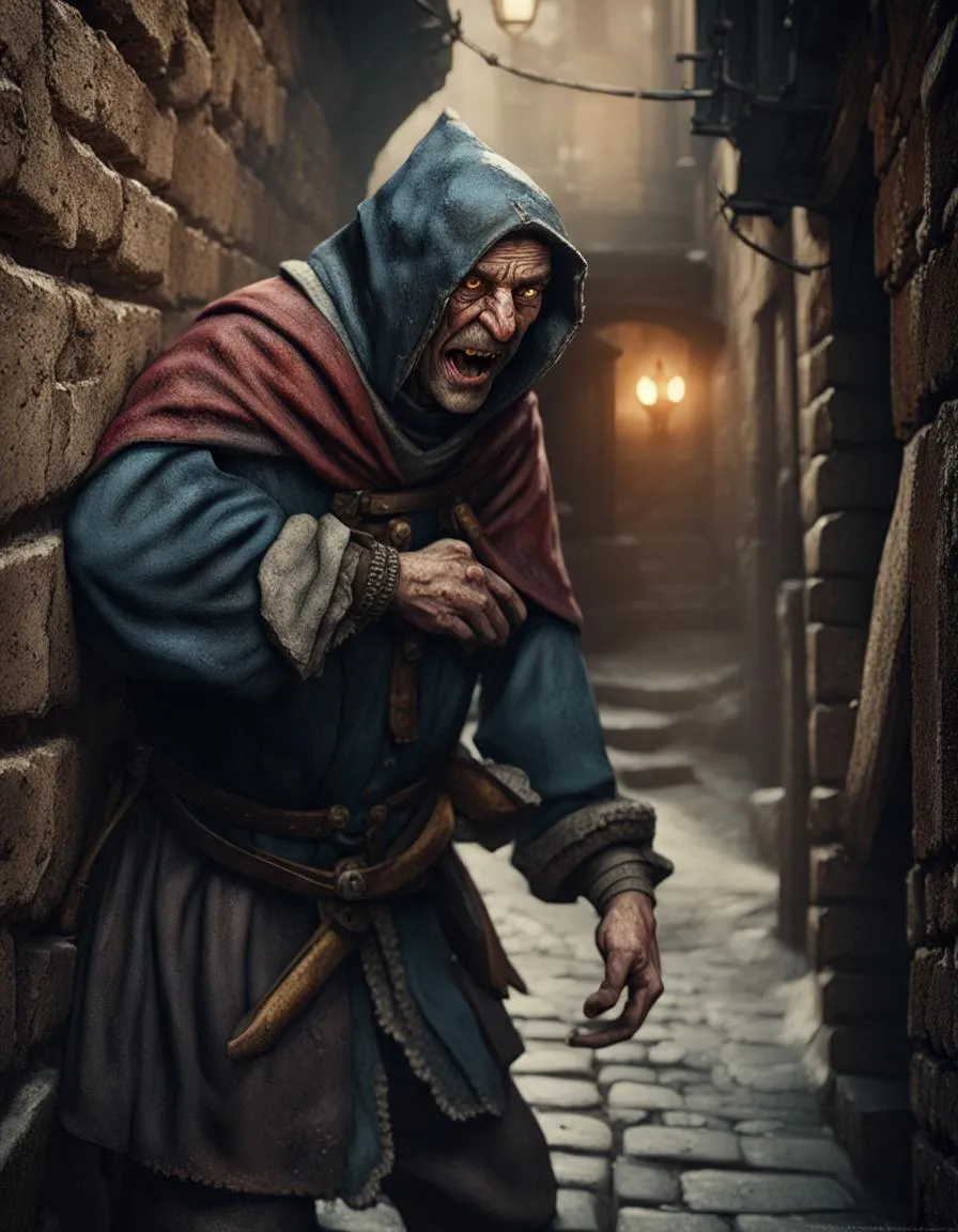 Concept art featuring a grotesque pickpocket cowering in a dark alley-way.