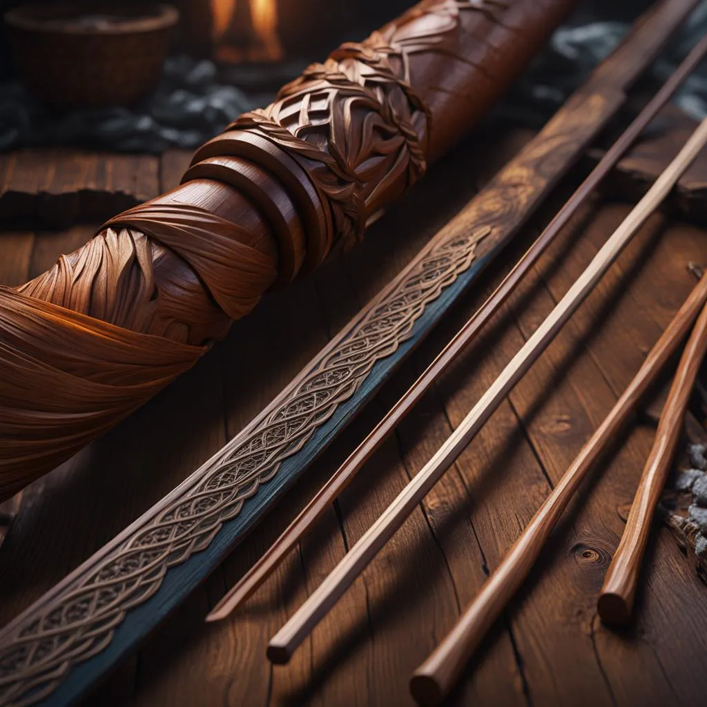 Concept art depicting finely-crafted weapons.